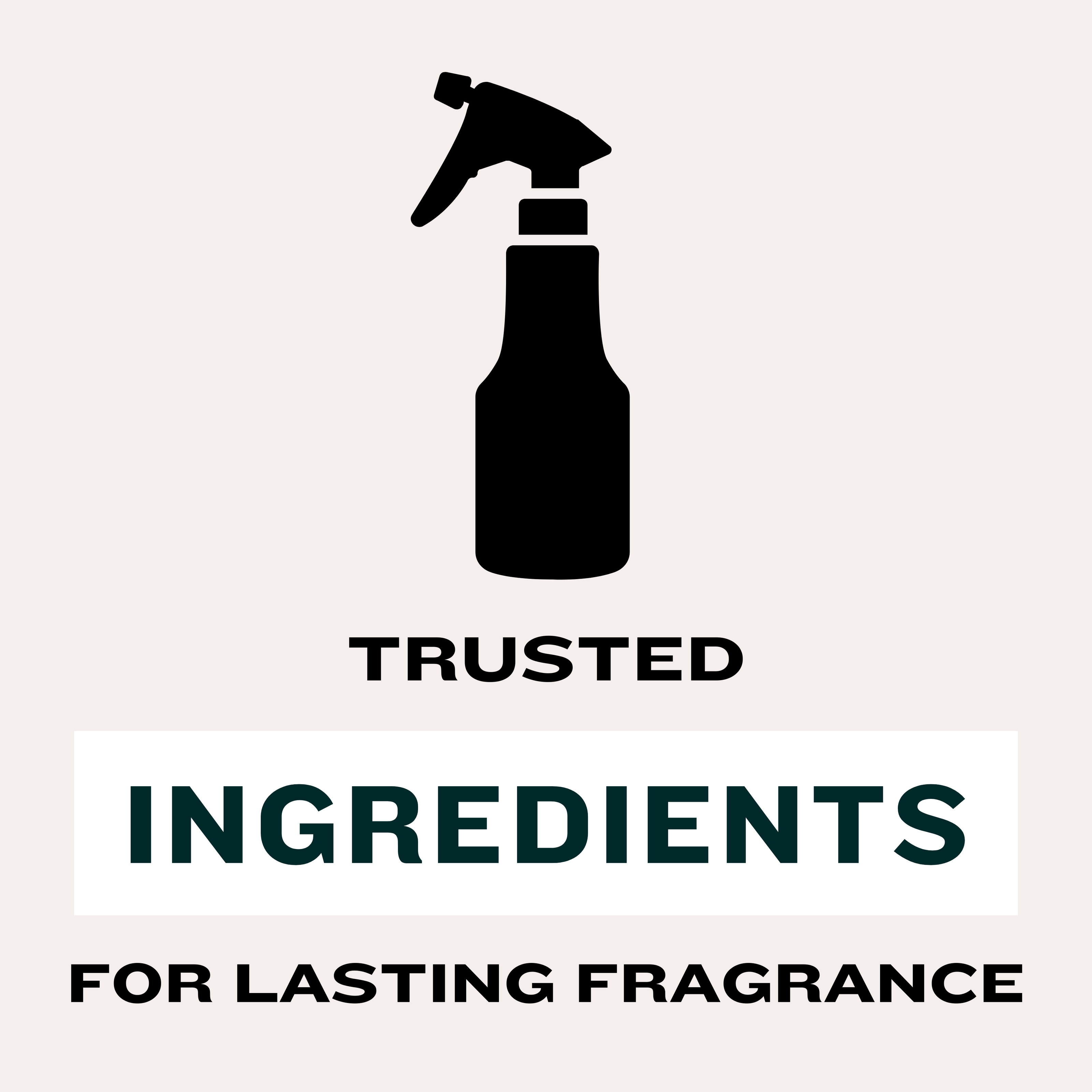 Graphic with a black icon of a spray bottle. Text reads: 'TRUSTED INGREDIENTS FOR LASTING FRAGRANCE'. Emphasizes Harlequin Candles' commitment to quality ingredients for long-lasting home scents.