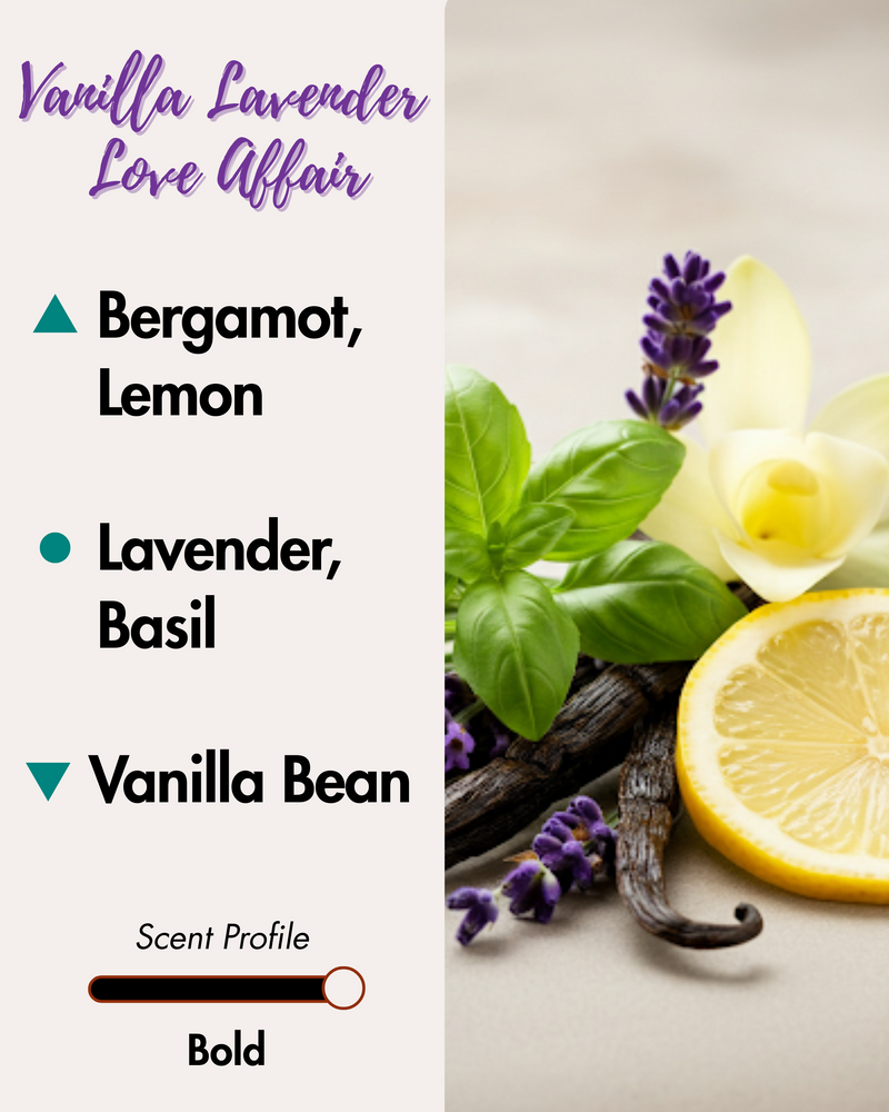Graphic displaying Harlequin Candles Vanilla Lavender Love Affair fragrance notes. Top notes: Bergamot, Lemon. Middle notes: Lavender, Basil. Base note: Vanilla Bean. Scent profile is rated as Bold. The image shows fresh lavender sprigs, basil leaves, vanilla beans, and a lemon slice, conveying a rich and complex aroma.