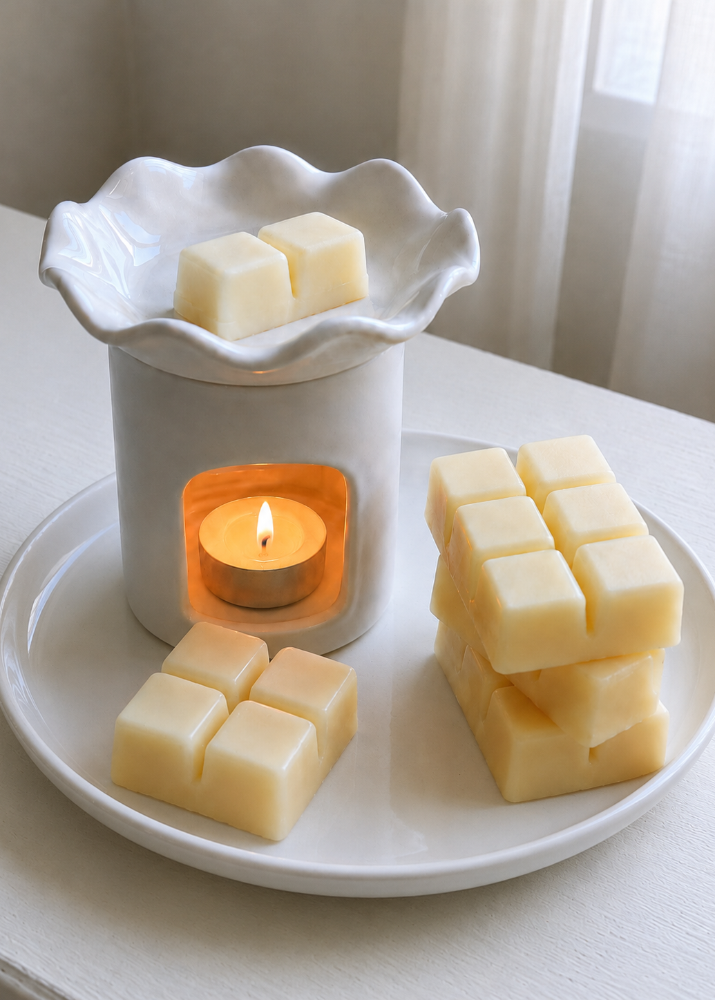White wax melt burner with lit candle and natural soy wax melts in a cosy setting