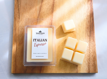 "Italian Espresso" A clam-shell containing six square-shaped soy wax melts for use in warmers.