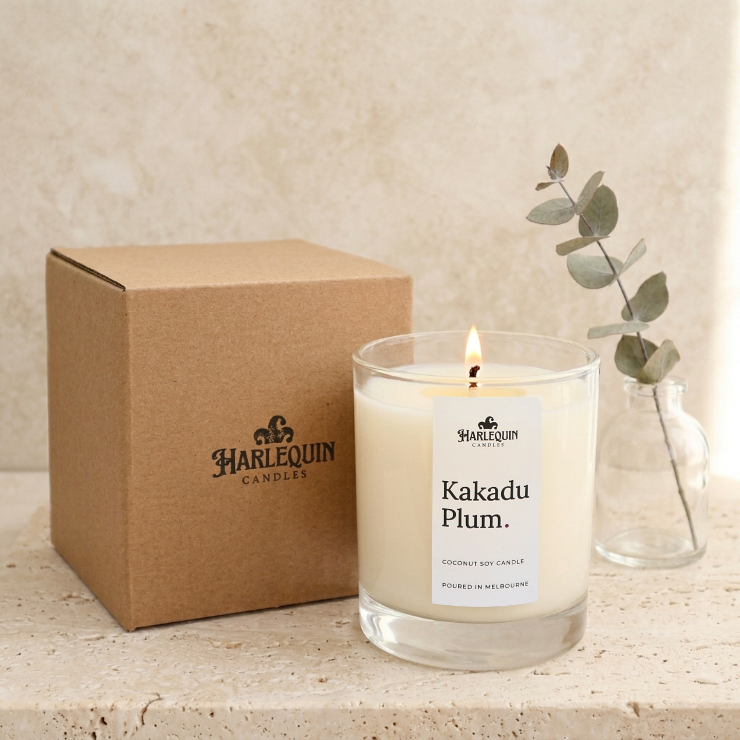 Handmade Kakadu Plum scented soy candle with minimalist branding and eco-friendly kraft gift box, perfect for Australian Mother's Day gifting.