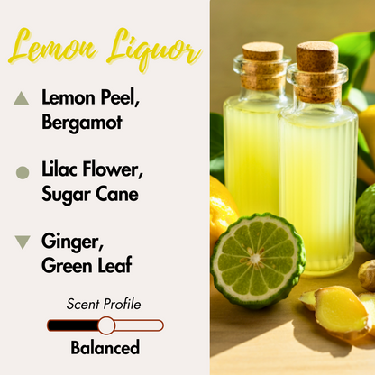 Vibrant blend inspired by Limoncello with a sweet, zesty kick. Top Notes: Lemon Peel, Bergamot. Middle Notes: Lilac flower, Sugar Cane. Base Notes: Ginger, Green Leaf