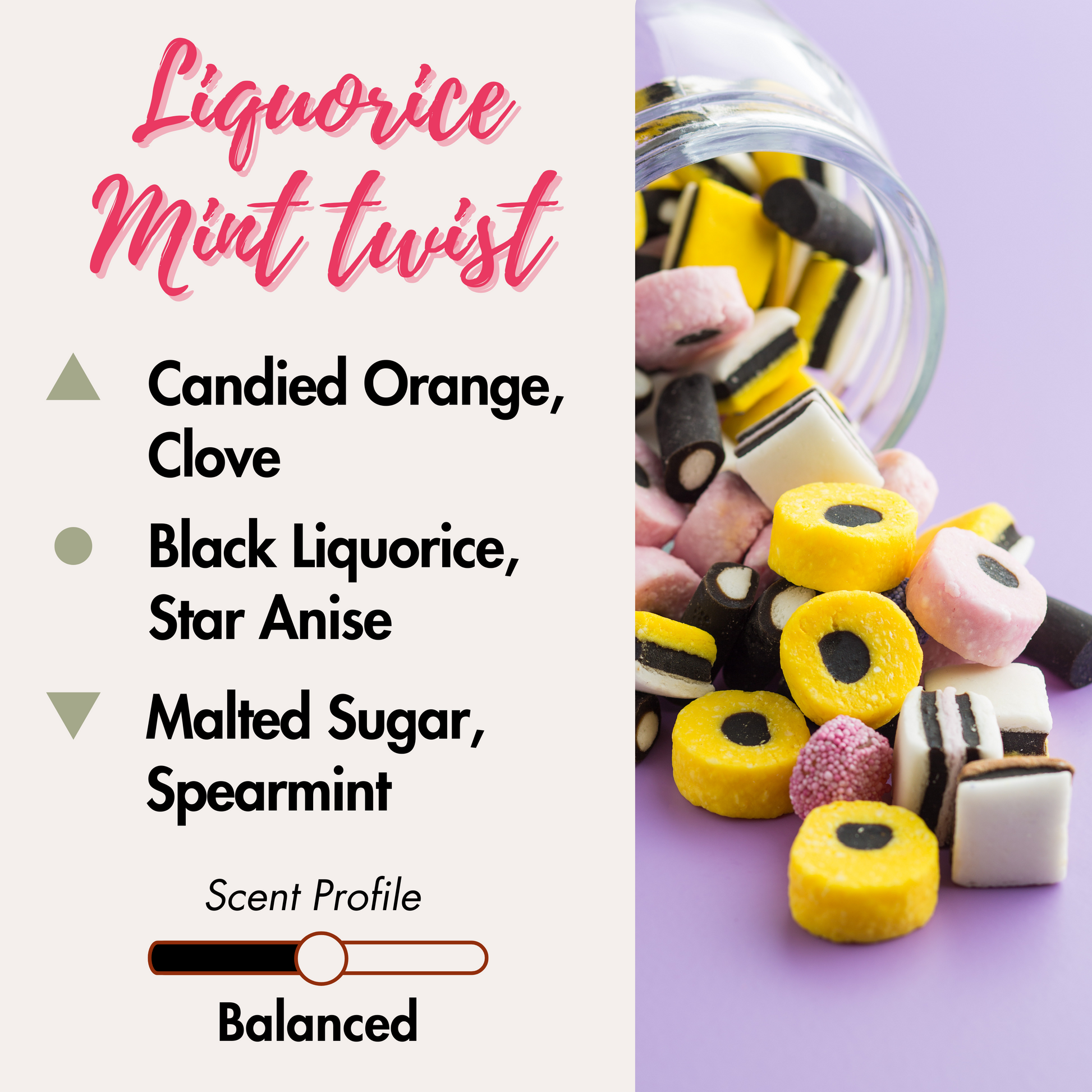 Nostalgic nod to Liquorice Allsorts with a burst of mint. Top Notes: Candied Orange, Clove. Middle Notes: Black Liquorice, Star Anise. Base Notes: Malted Sugar, Vanilla, Spearmint