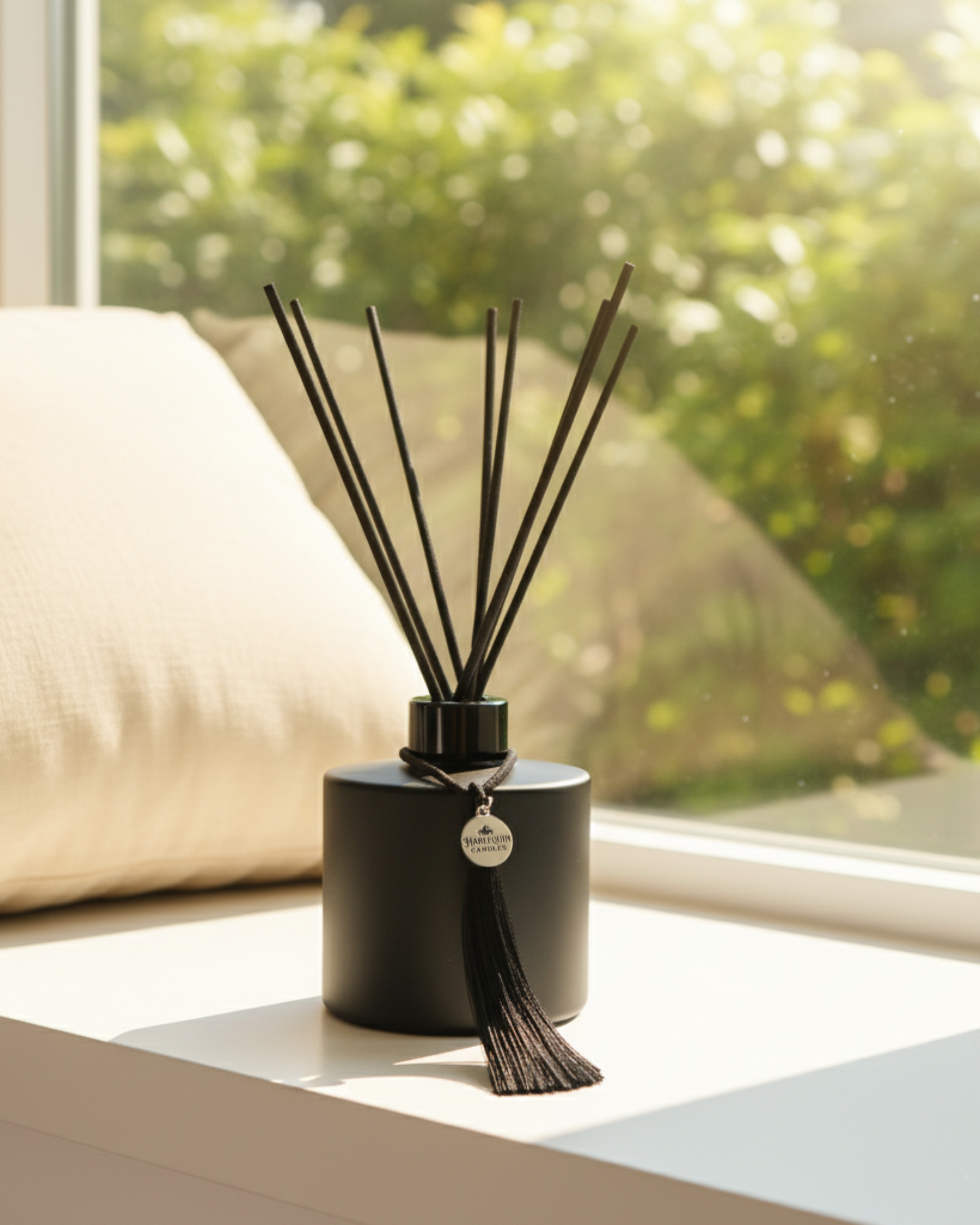 A Harlequin Candles matte black reed diffuser with black sticks positioned on a sunlit windowsill. This luxury home fragrance piece features a decorative tassel and logo charm.