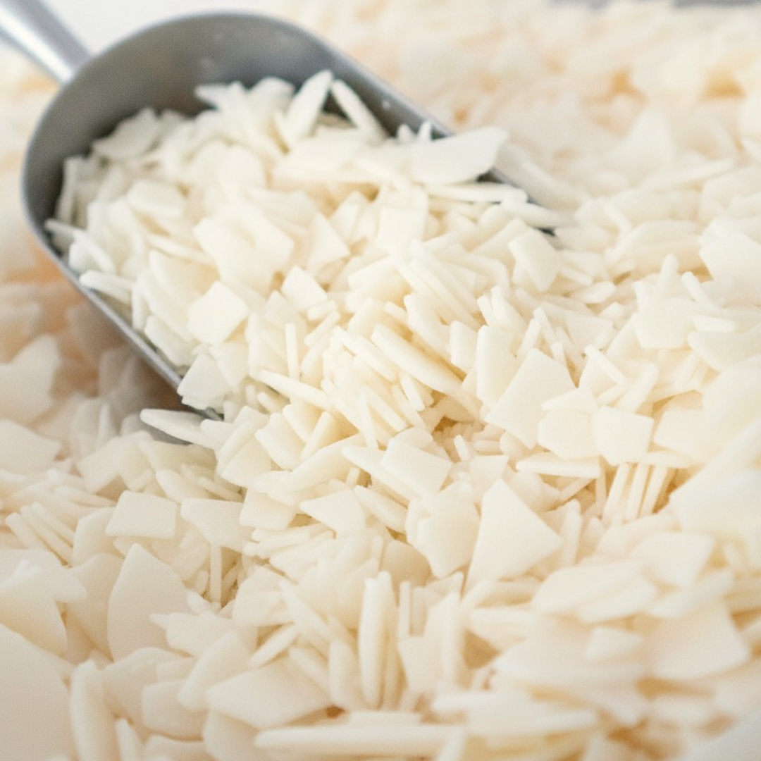 A close-up, behind-the-scenes shot of a metal scoop lifting a pile of natural white soy wax flakes. This high-quality raw material is used to create Harlequin Candles' handmade soy candles in Canberra, Australia.