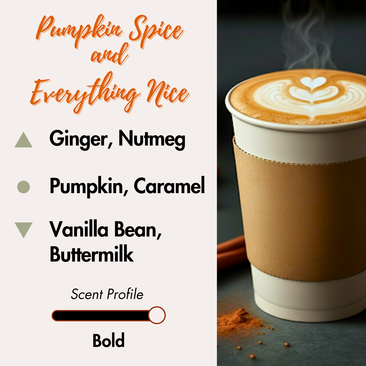 Hot Pumpkin spice Latte. Top Notes: Ginger, Nutmeg. Middle Notes: Pumpkin, Caramel. Base Notes: Vanilla Bean, Buttermilk