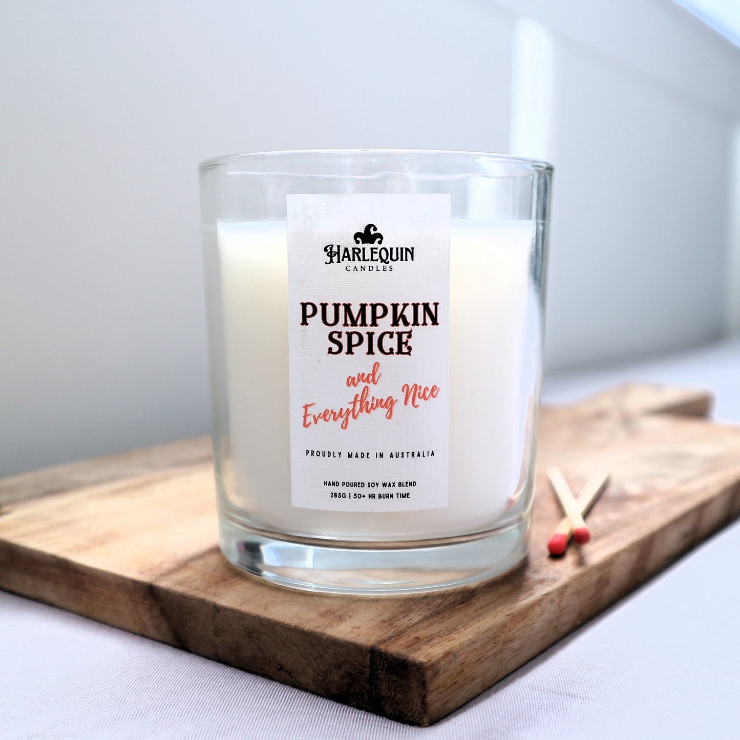 Harlequin Candles soy wax candle, clear, pumpkin spice coffee  fragrance, made in Australia