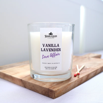 Harlequin Candles "Vanilla Lavender" candle in clear jar with lid, made in Canberra, Australia